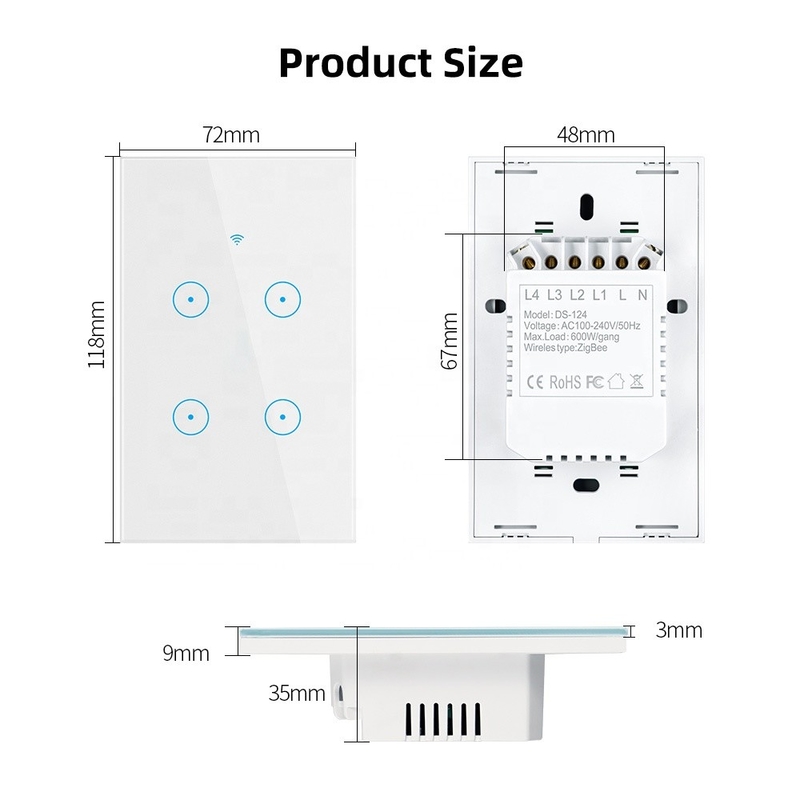 2.4GHz Smart 4 Gang Light Switch 0.6kg Wifi Light Switch No Neutral Zigbee