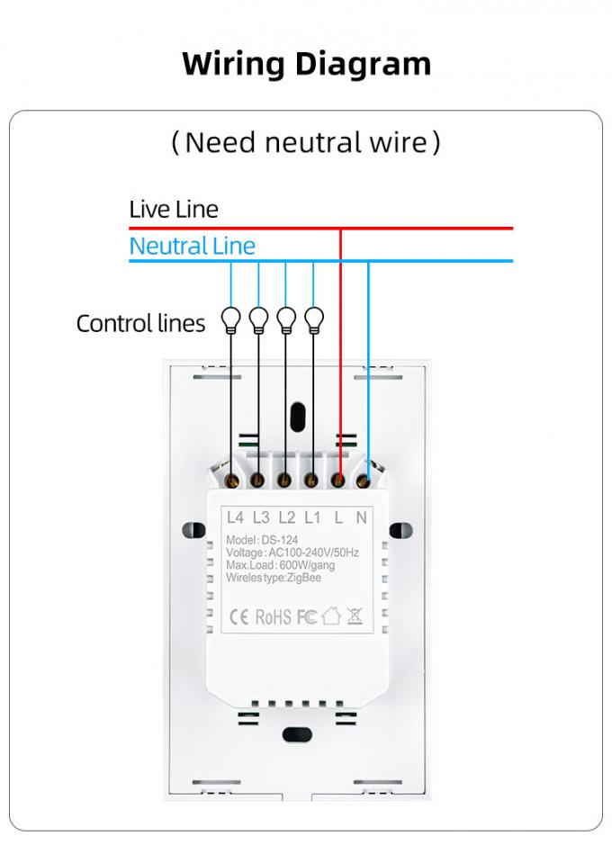 600W Zigbee Wall Switch No Neutral 60HZ 3 Gang Smart Light Switch